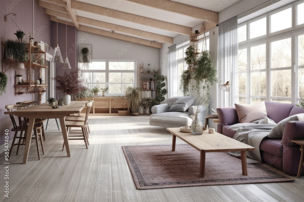 White and purple wooden farmhouse living and dining room. Cloth couch, table, chairs, and décor. Mod