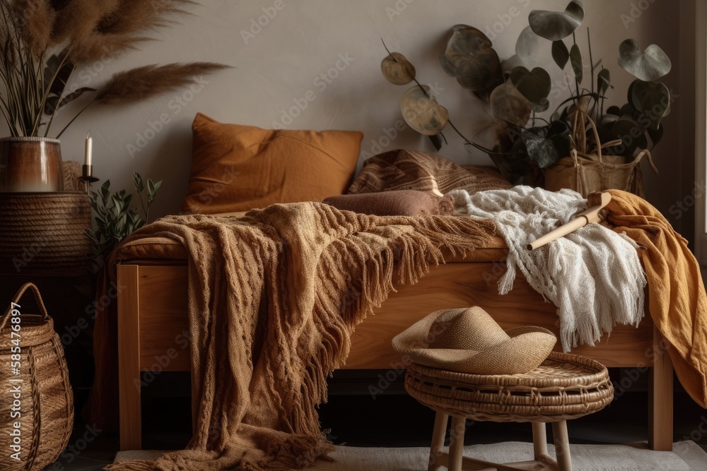 Still life. Vertical shot of warm apartment in boho chic style interior with comfort bedroom, fabric