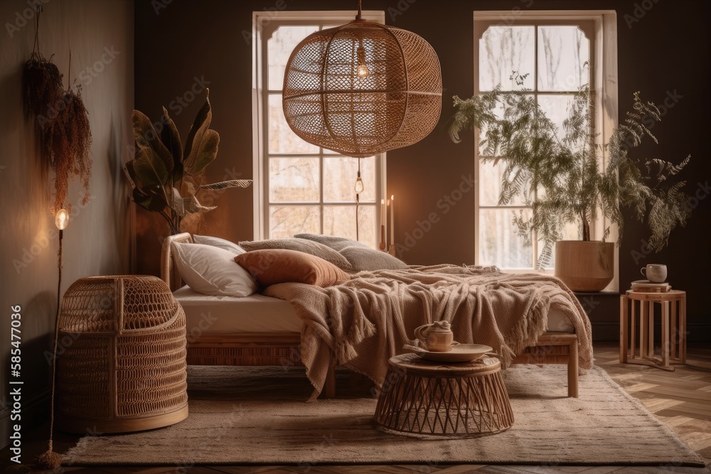 Rattan floor lamp and wooden coffee table with pampas grass vase in bedroom. Huge wicker floor lamp.