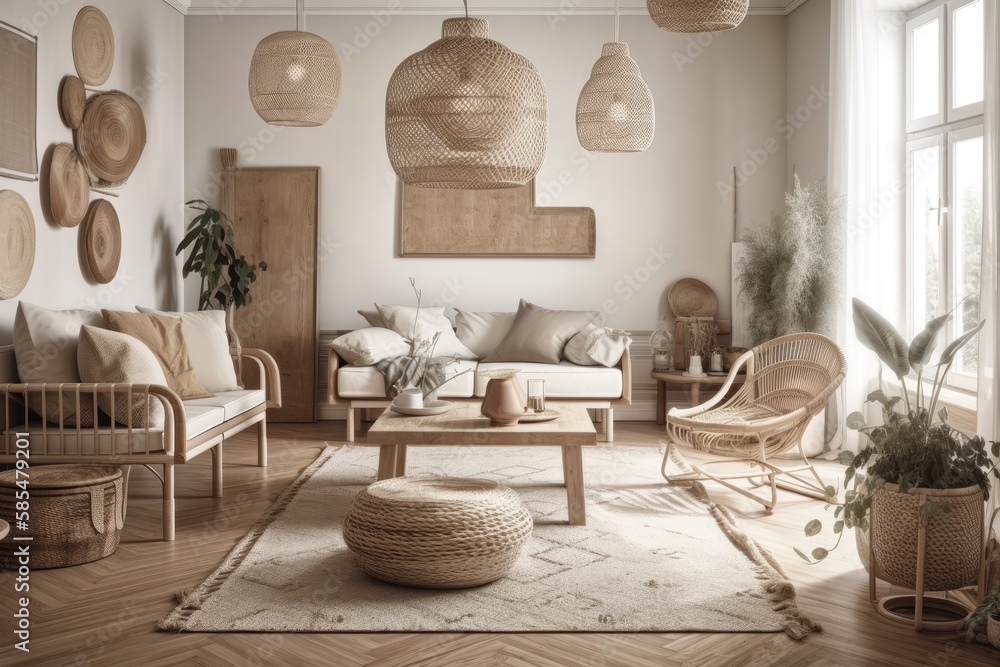 White and beige farmhouse living room with rattan furniture, parquet floor, and macrame wall art. Bo