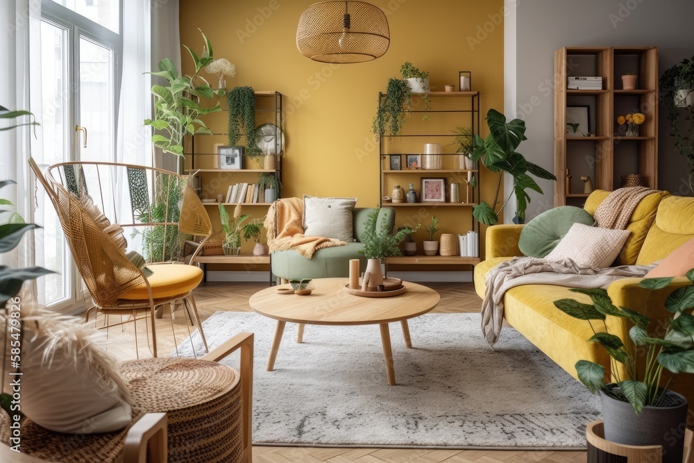 Modern boho living room in comfortable apartment with coffee table, gray couch, wooden cube honey ye