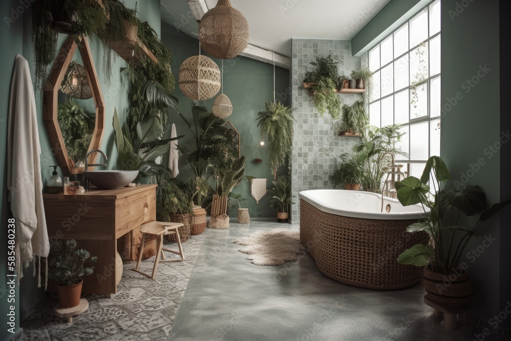 Urban jungle interiors. Contemporary bathroom with green tropical plants and wicker décor. Bohemian 