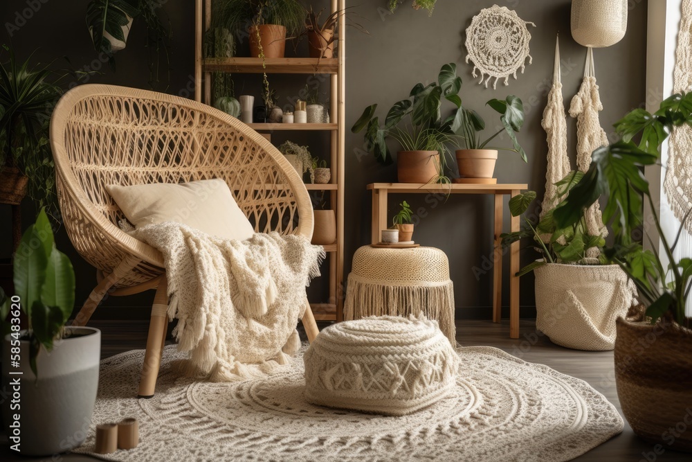 Bohemian living room with white crocheted blanket on wood armchair, houseplants, and wicker basket w