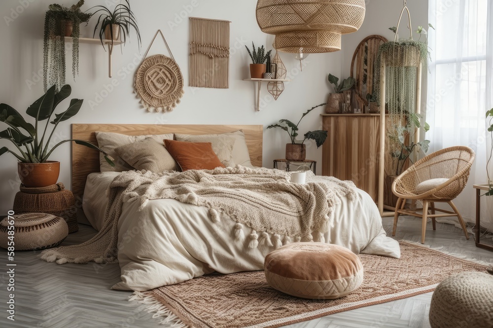 Vertical shot of boho bedroom with warm atmosphere, pillows, cushions, green plants in flower pot, a