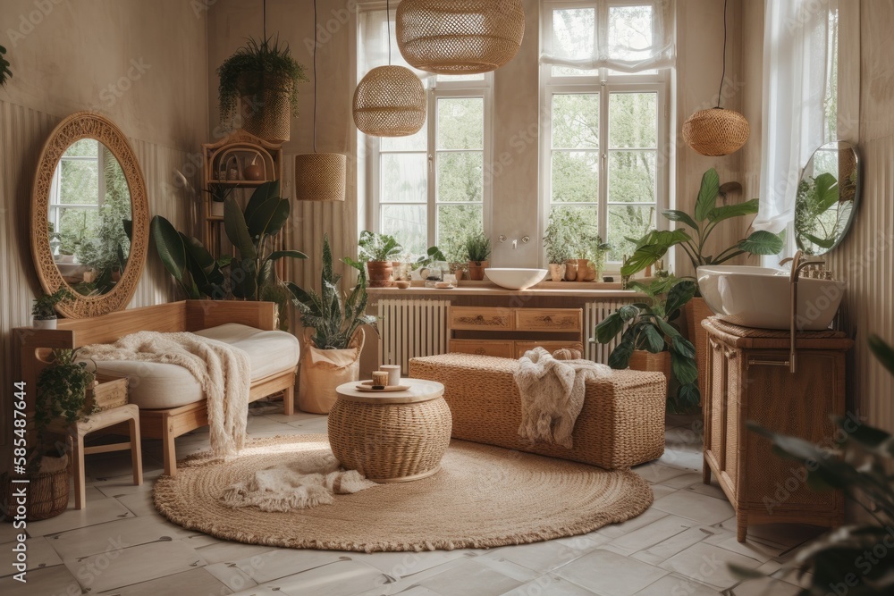 Bathroom with houseplants and couch. Boho chic apartment with tropical plants. Natural wood and wick