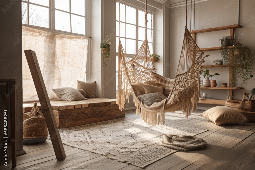 Boho living room with hammock and wooden divider. Generative AI