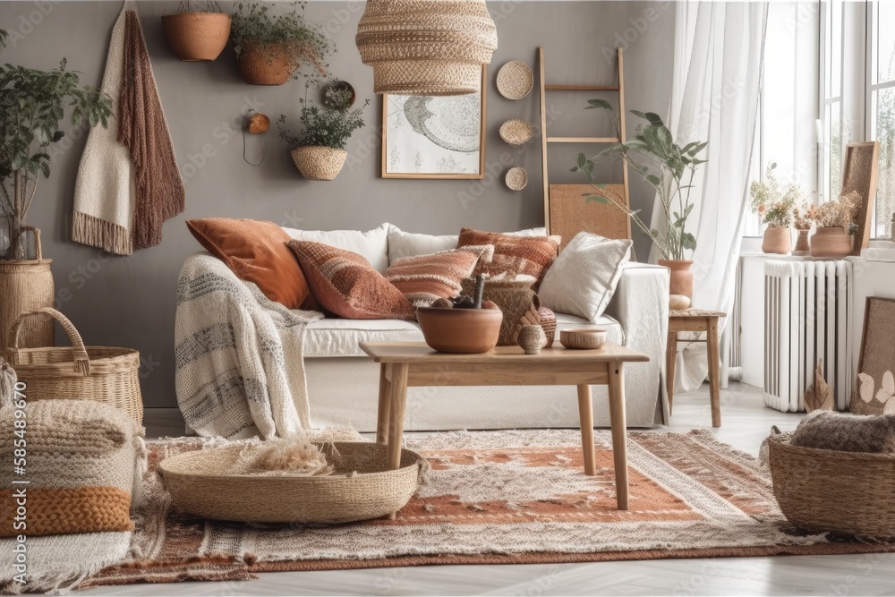 Boho living room with beige couch, coffee table, wicker baskets, and lovely decorations. Pillows and