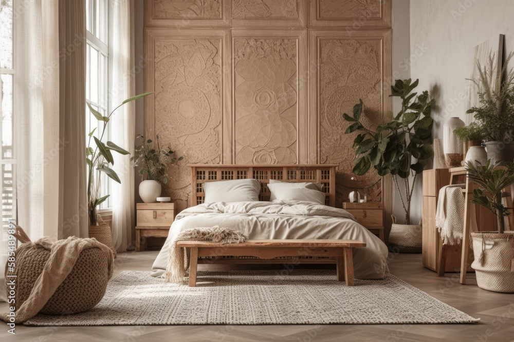 Boho scandinavian farmhouse interior. Beige bedroom with natural wood furniture, shutters, and dry p