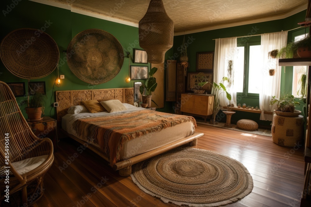 big bedroom with green wall eco wooden furnishings. rustic bohemian bedroom with wrought iron spiral