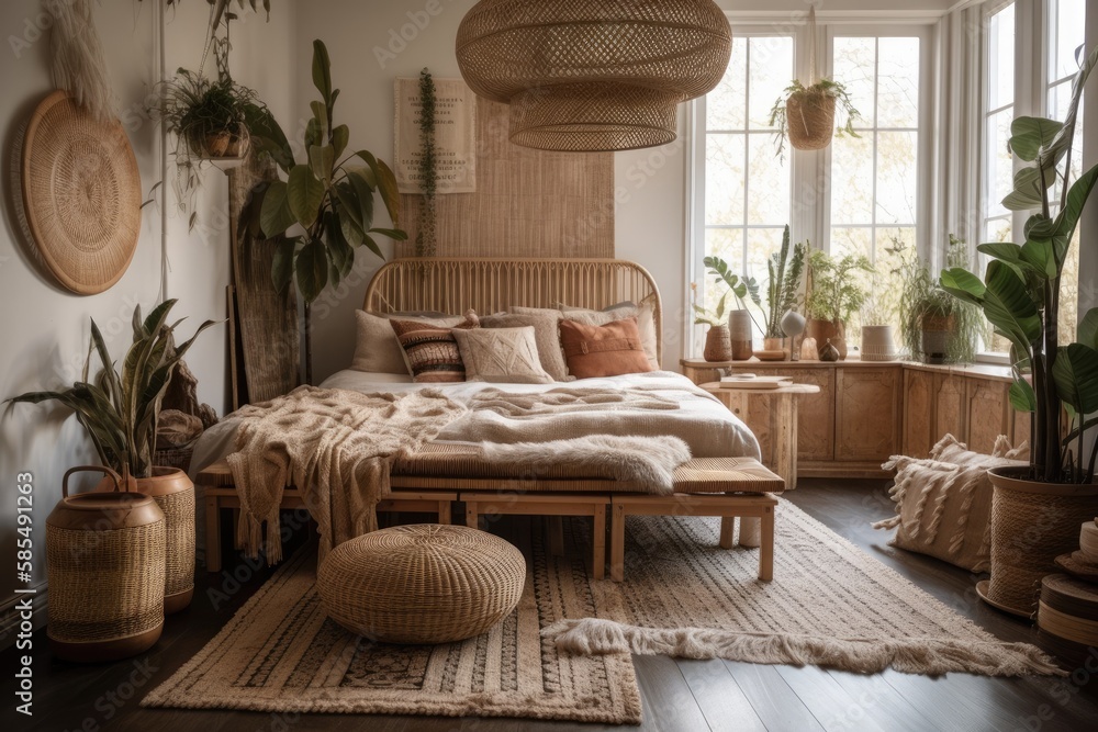 coziness. Vertical shot of cozy boho bedroom with pillow and plaid on bed, wooden bench seat, bamboo