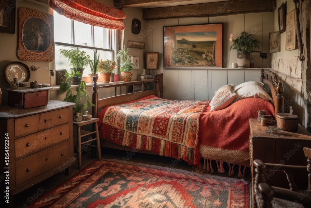 Rattan bed and wooden furnishings in boho farmhouse bedroom. Jute flooring and red and white décor. 