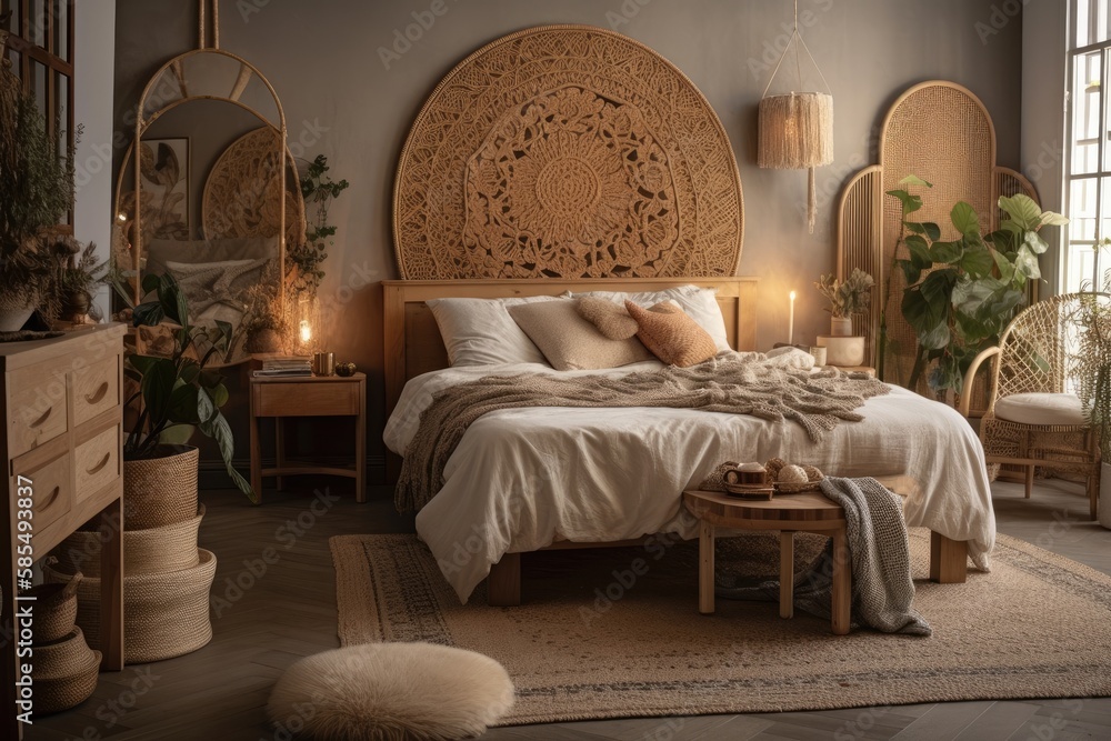 Side view of genuine warm bedroom with boho chic interior design, beautiful headboard above comfort 