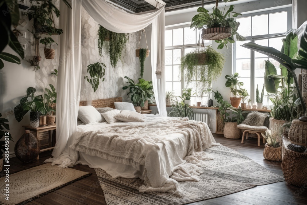 White bohemian bedroom with green tropical home plants. Bohemian canopy bed. Modern apartment décor.