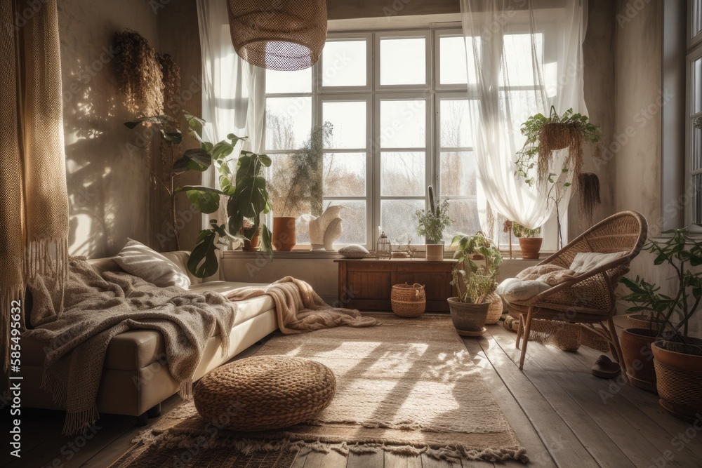 Boho chic contemporary home interior. Couch with blanket on hardwood floor, huge potted plant, drape