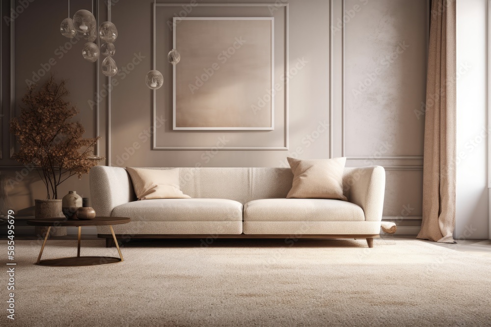 Blurred backdrop, exquisite living room front view, wallpaper, carpet, and fabric couch. Classic min