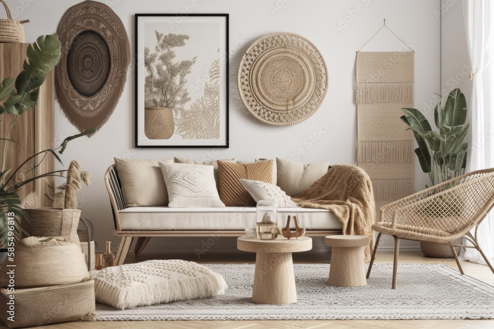 Scandi Boho living room wall mockup,. Generative AI