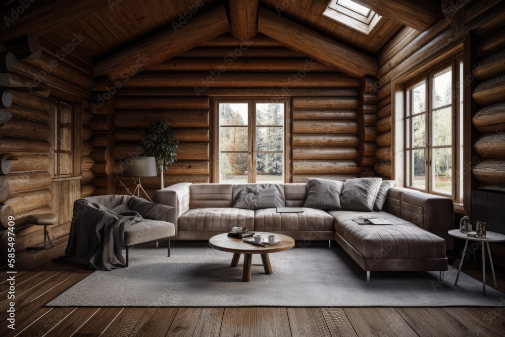 Log cabin living room, front view, architect interior designer idea. Frame mockup, fabric sofa with 