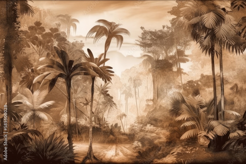 mural art, autumn wallpaper, sepia monochromatic, palm palms. Generative AI