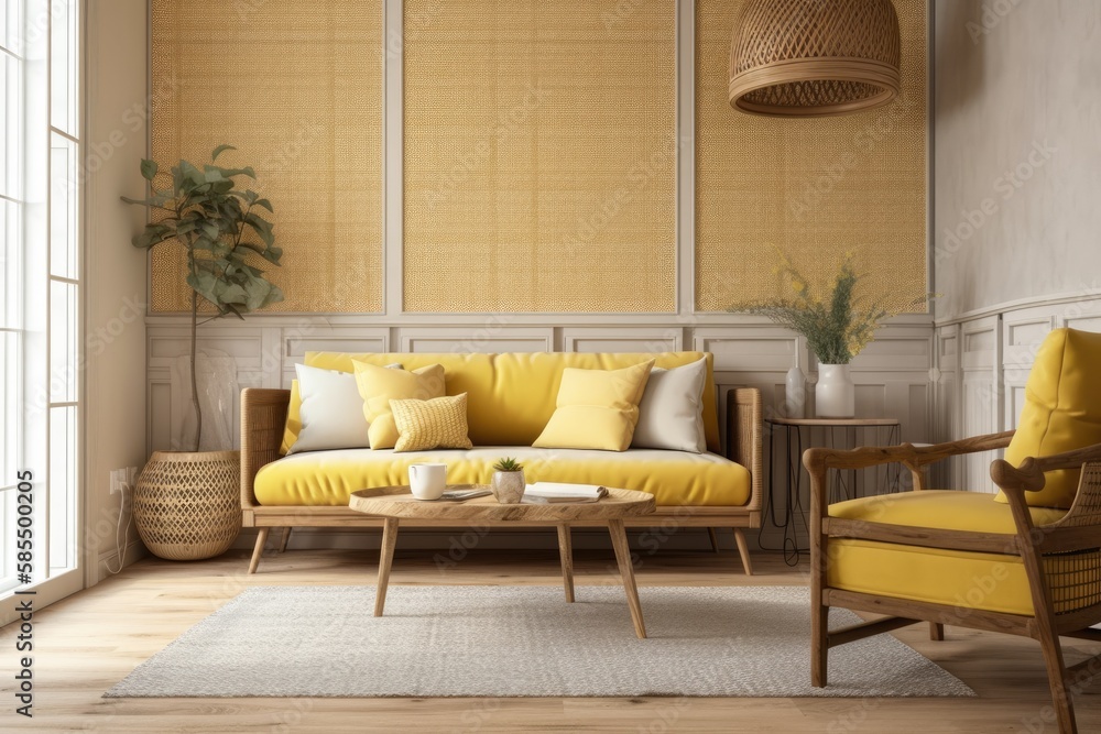 Yellow beige farmhouse living room mockup. Parquet, rattan, couch, wallpaper. Vintage decor,. Genera