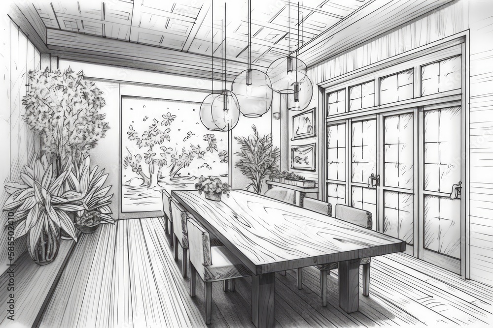 Complete white project sketch, farmhouse wooden dining room. Floral wallpaper, seats, table. Japanes