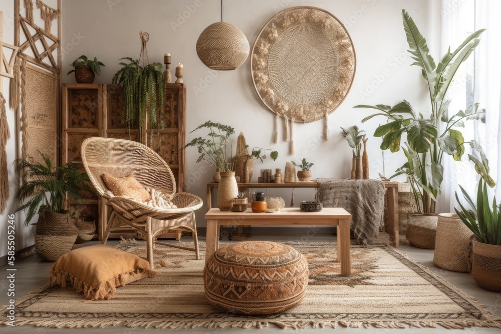 Bohemian apartment interior design with rattan armchair, wooden cube, plaid, cushions, flowers, macr