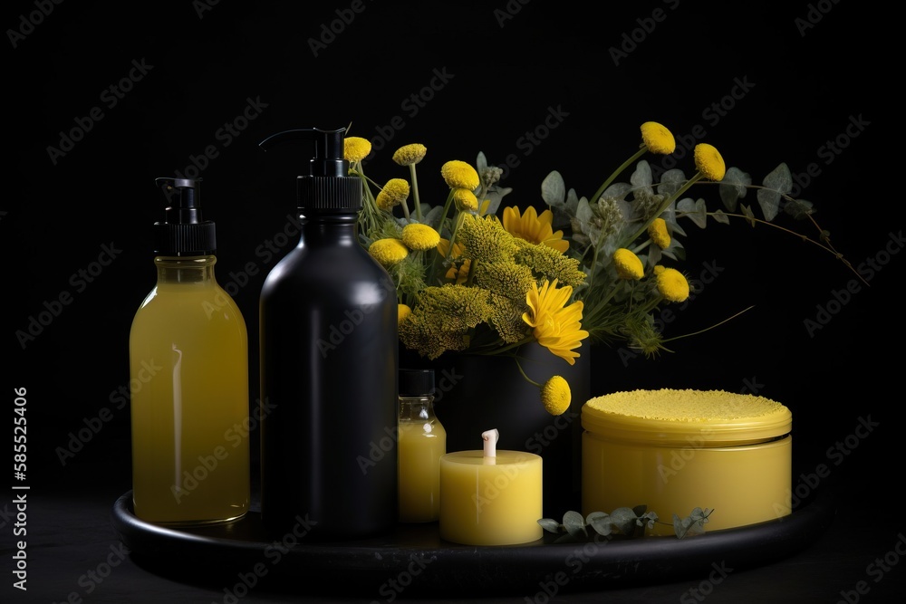  a table topped with bottles of liquid and a vase filled with flowers.  generative ai