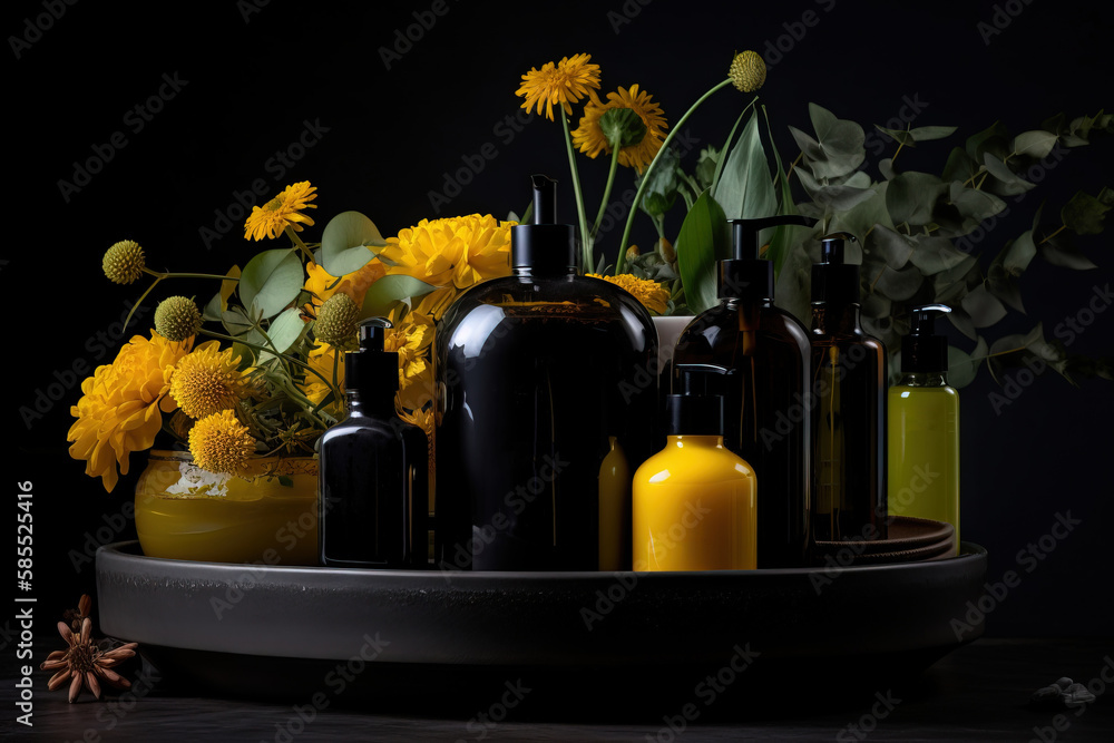  a bunch of bottles and bottles on a tray with flowers.  generative ai