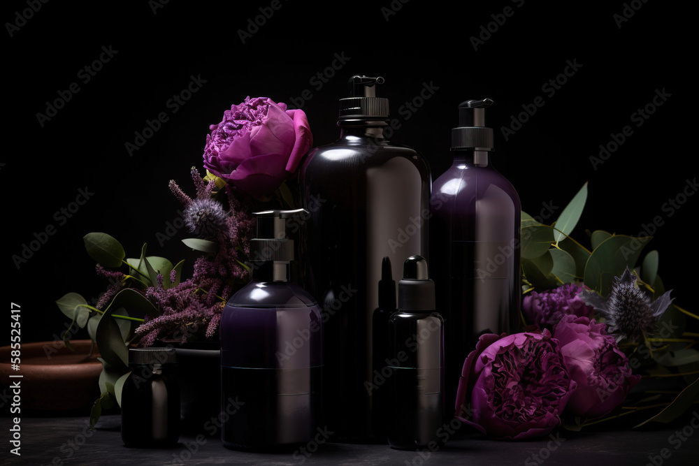  a bunch of bottles of lotion sitting next to a bunch of flowers.  generative ai