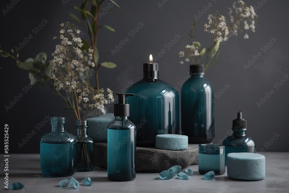  a table topped with bottles and vases filled with flowers.  generative ai