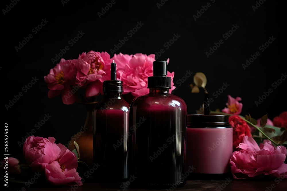  a table topped with bottles and flowers on top of a table.  generative ai