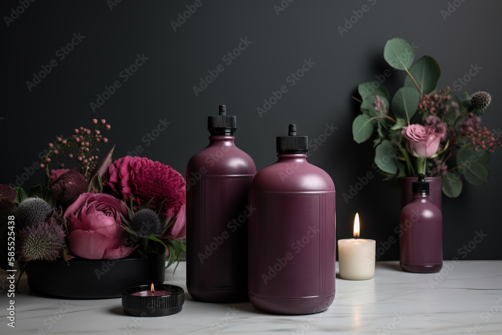  a table topped with bottles and flowers next to a candle.  generative ai