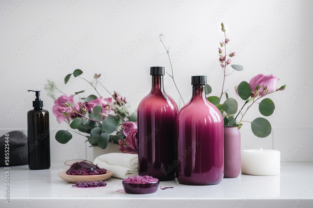  a table topped with bottles filled with flowers and soaps.  generative ai