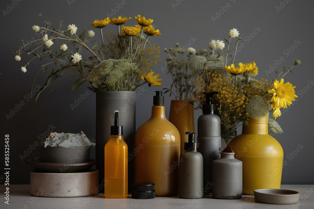  a group of vases with flowers in them on a table.  generative ai