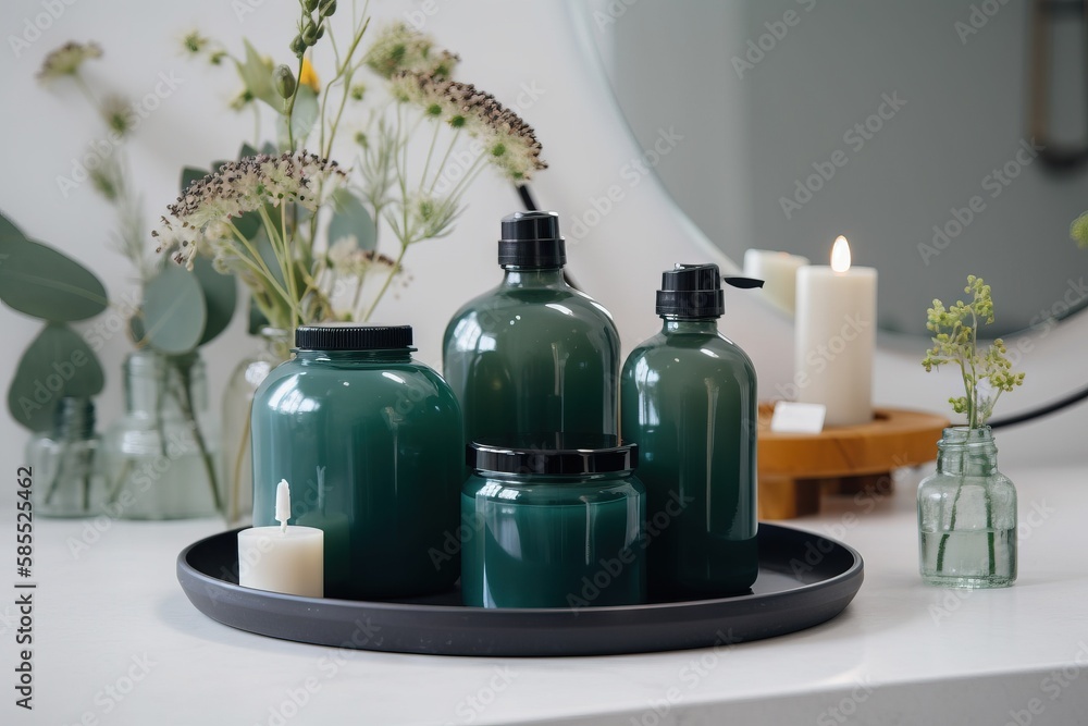  a tray with bottles and candles sitting on a counter next to a mirror.  generative ai