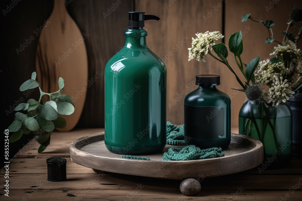  a green bottle sitting on top of a wooden table next to a vase of flowers.  generative ai