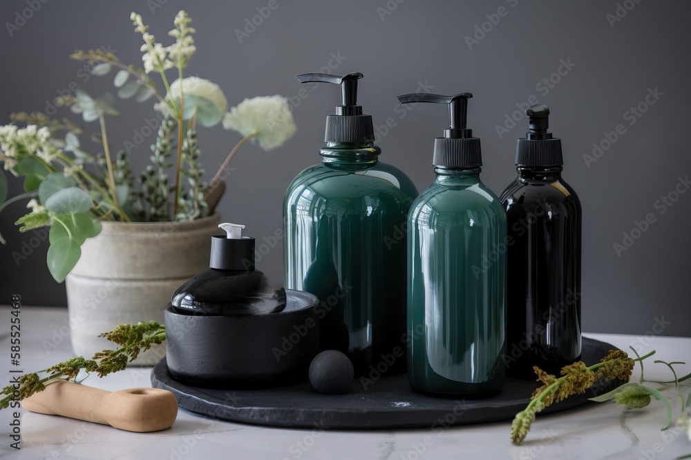  three bottles of soap and lotion sitting on a table.  generative ai