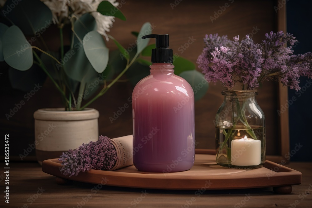  a bottle of lotion, a candle, and some flowers on a table.  generative ai