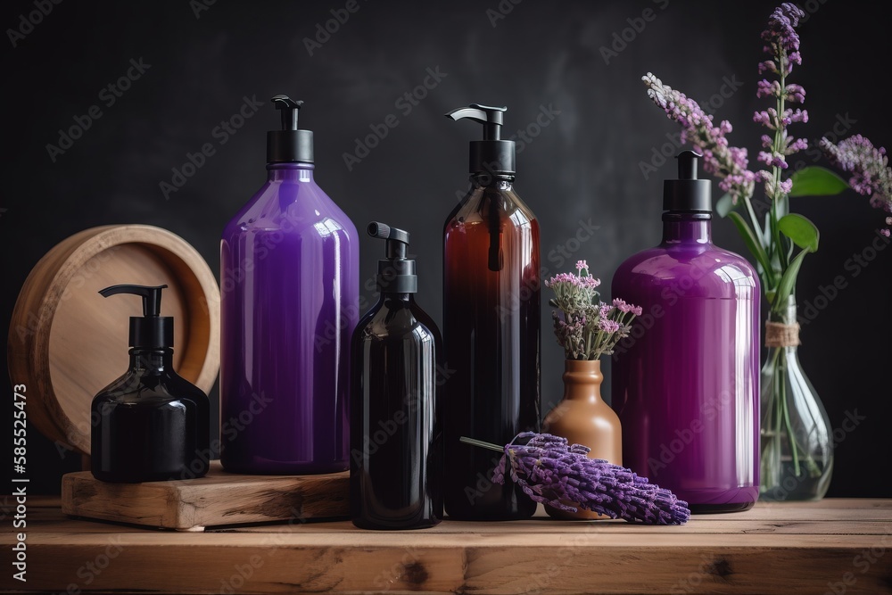  a bunch of bottles that are sitting on a table together.  generative ai