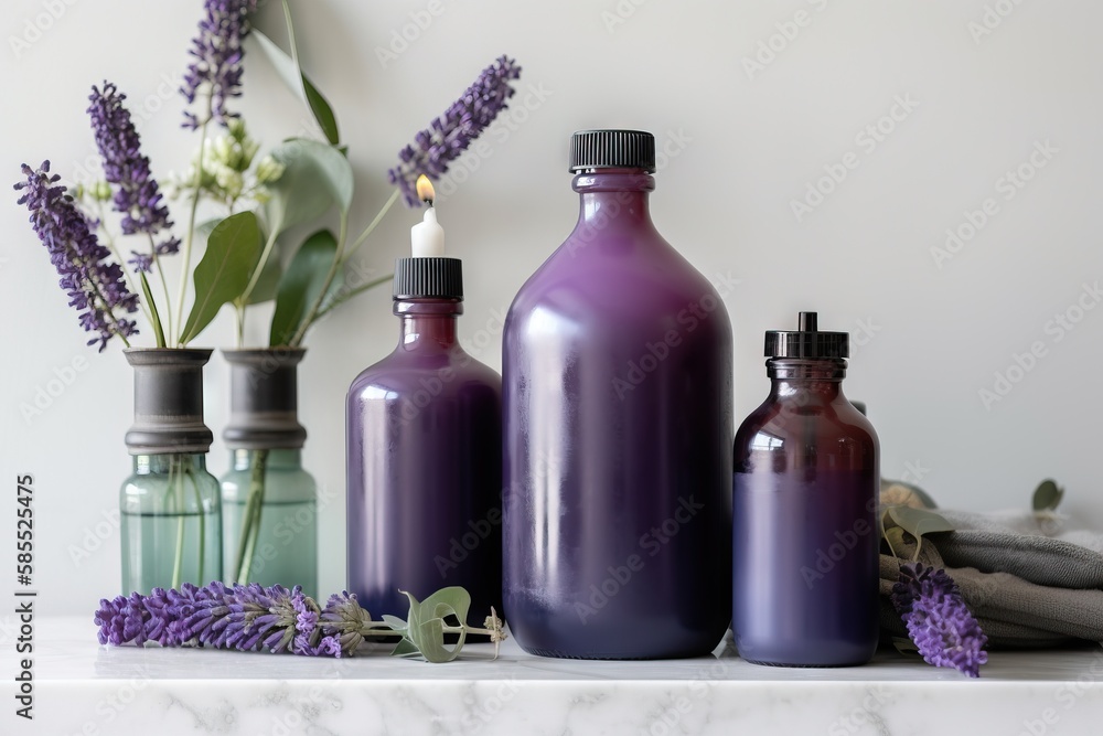  three purple bottles are sitting on a table with lavender flowers.  generative ai