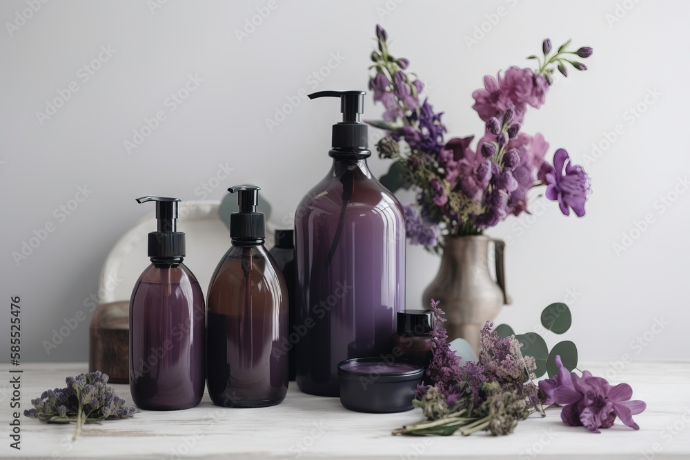  a table topped with bottles of liquid and a vase filled with flowers.  generative ai