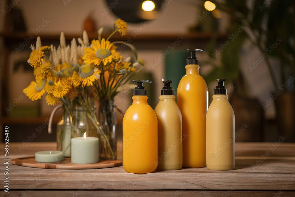  a wooden table topped with bottles of liquid and a vase filled with flowers.  generative ai