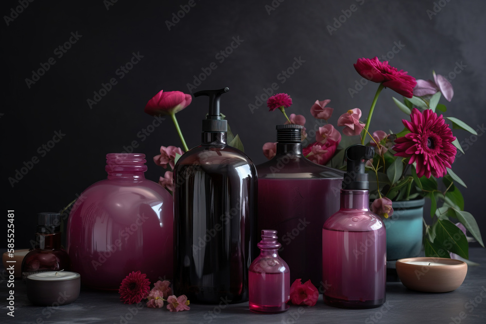  a table topped with bottles and vases filled with flowers.  generative ai