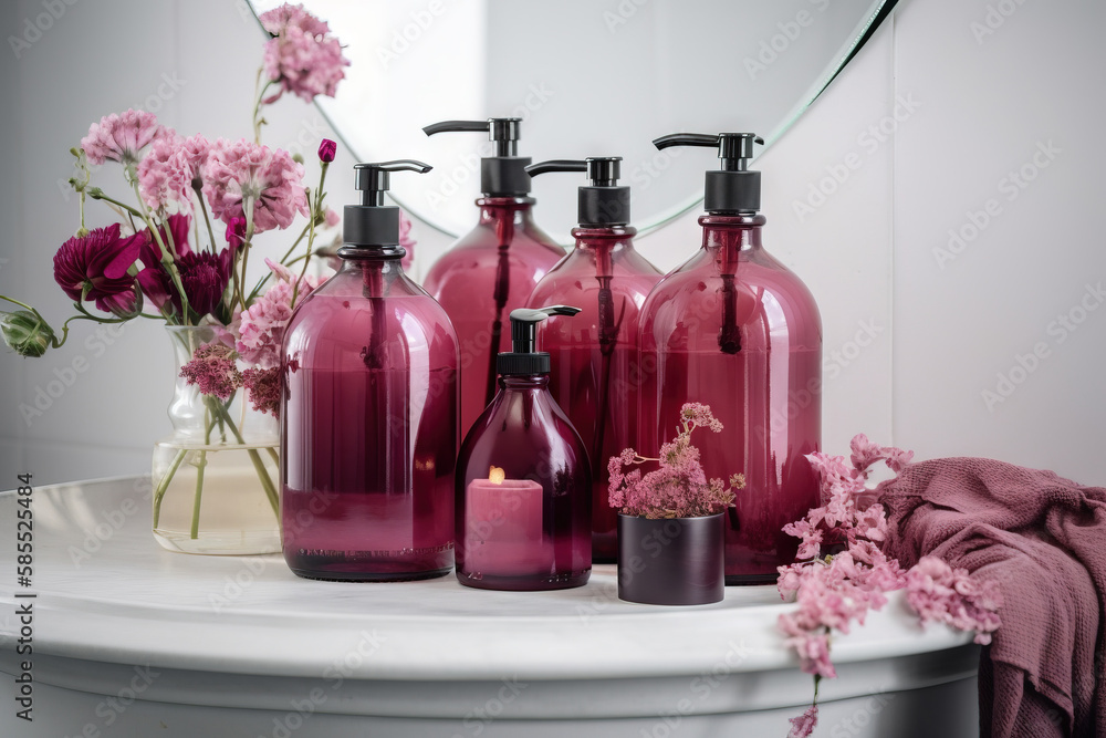  a group of pink bottles sitting on top of a white table.  generative ai