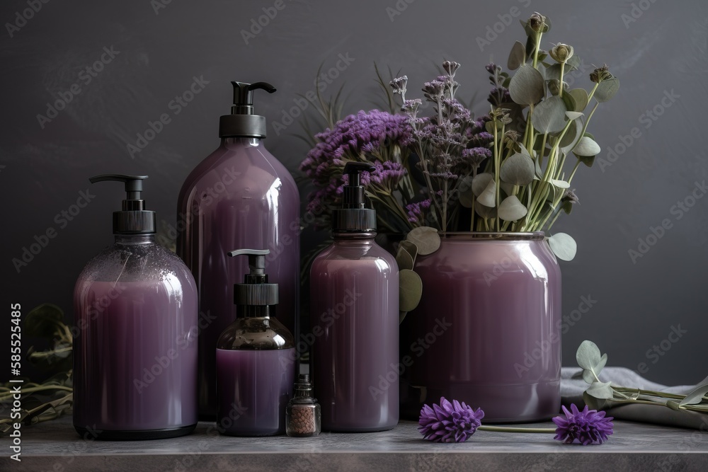  a table topped with purple vases and bottles filled with flowers.  generative ai