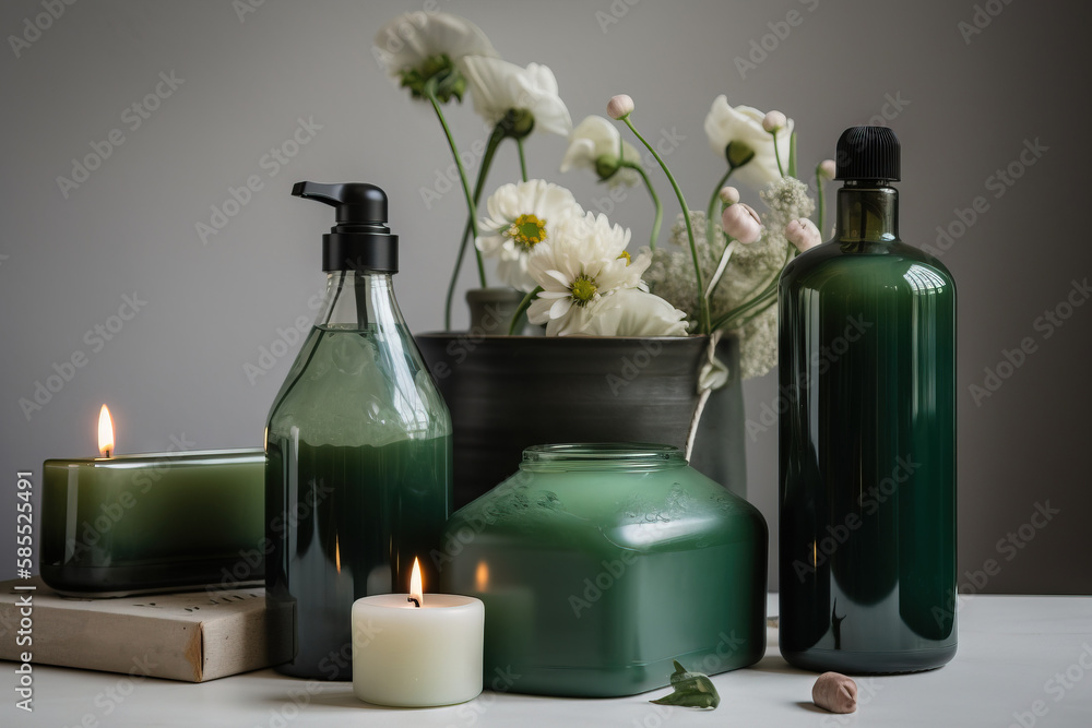  a table topped with bottles and candles next to a vase filled with flowers.  generative ai