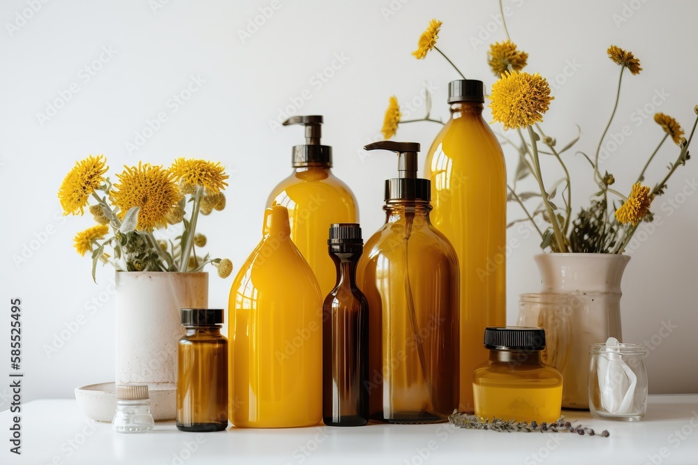  a white table topped with bottles and vases filled with yellow flowers.  generative ai