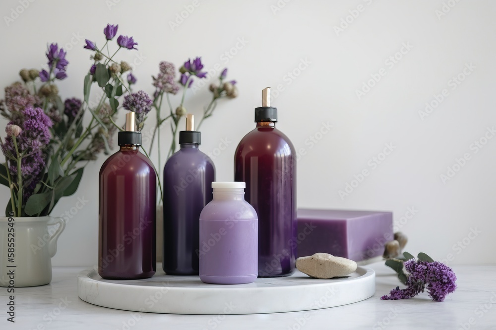  a table topped with bottles of liquid and a vase filled with flowers.  generative ai