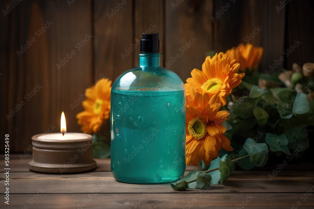  a bottle of water next to a candle and some flowers.  generative ai