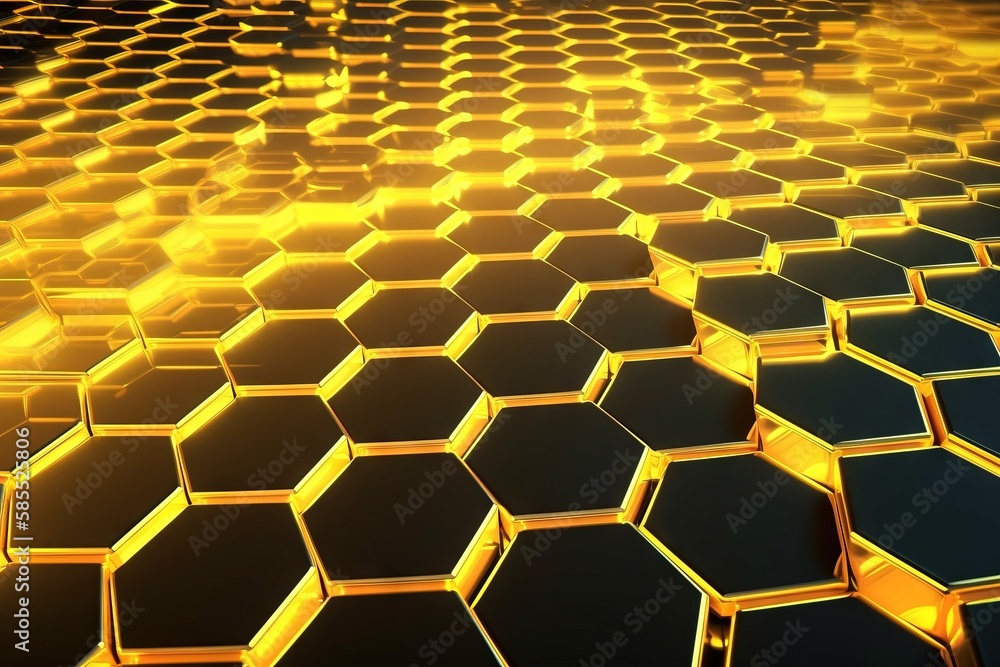  a yellow and black background with hexagonal tiles on it.  generative ai