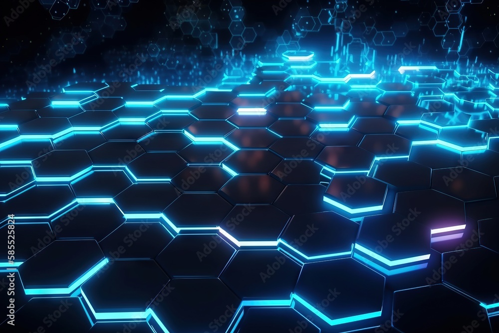  an abstract image of hexagonal shapes with neon lights.  generative ai